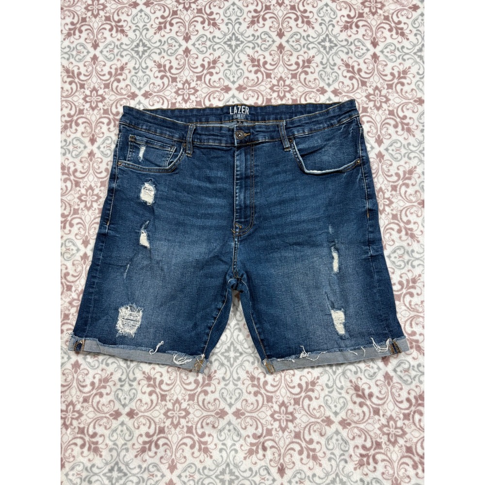 Lazer Slim Fit Mens Distressed Denim Shorts Blue Size 38 Raw Hem Cutoff